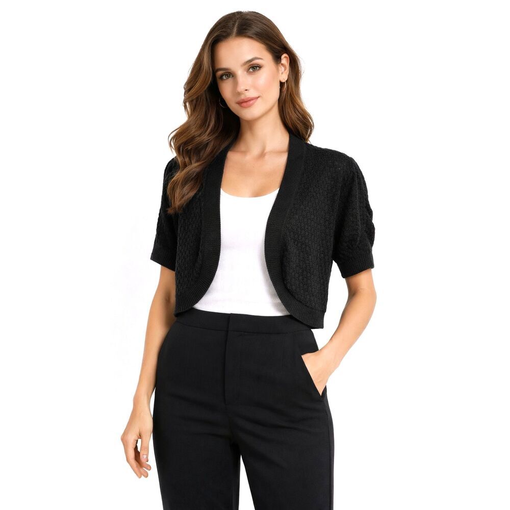 Notations Black Cropped Shrug Cardigan L Short Sleeve Open Front Women